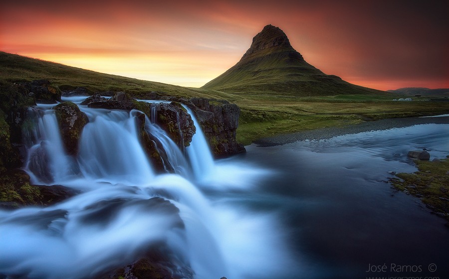 Long exposure landscape photography in Kirkjufell mountain, also depicting Kirkjufelfoss, in Iceland, shot by landscape photographer José Ramos from Portugal