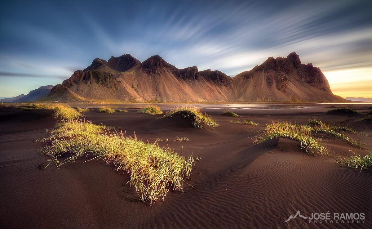 Long exposure landscape photography in depicting the Vestrahorn/Vesturhorn mountains in Iceland, shot by landscape photographer José Ramos from Portugal