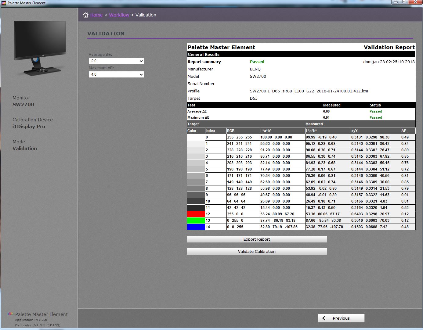 BenQ SW2700PT Calibration Validation with the palette Master Elements Software