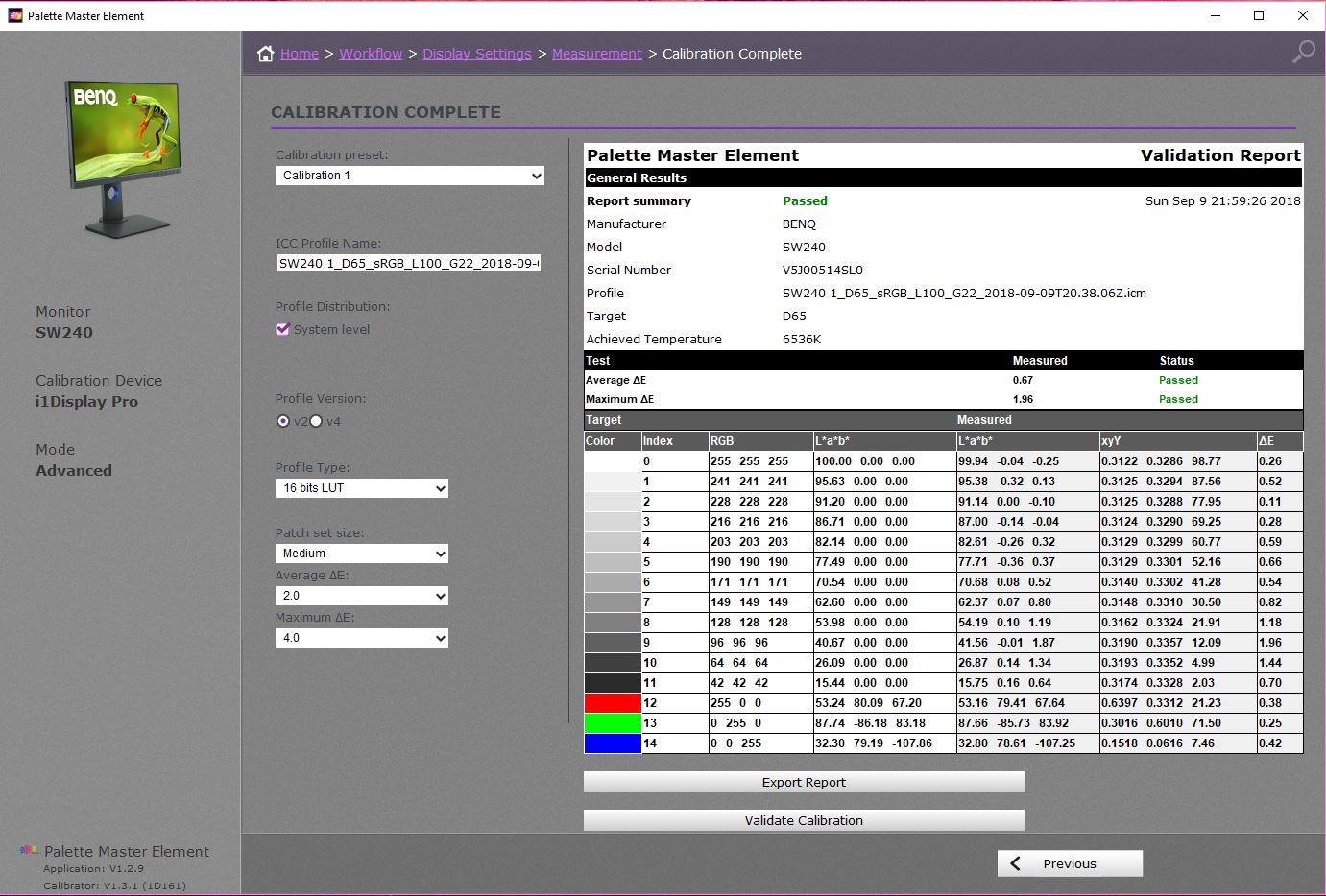 BenQ SW240 sRGB Calibration Validation - Palette Master Elements Software