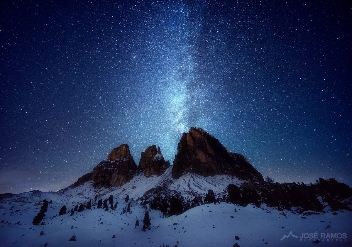 Night photography made in Passo Sella in the Dolomites, Italy, showing the Milky Way above the mountains