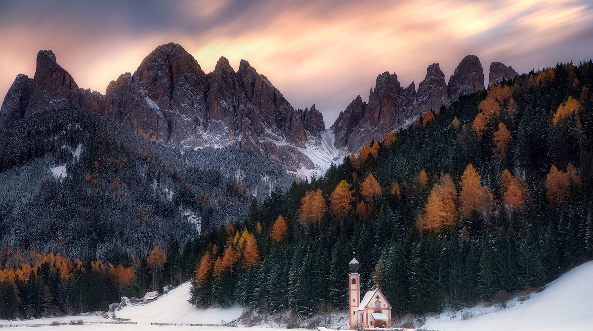 Landscape photo showing the San Giovanni church in the Dolomites, Italy, shot by landscape photographer José Ramos