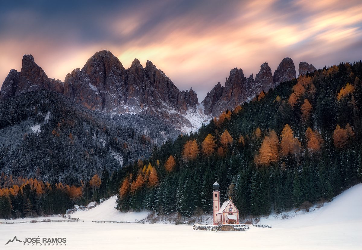 Landscape photo showing the San Giovanni church in the Dolomites, Italy, shot by landscape photographer José Ramos