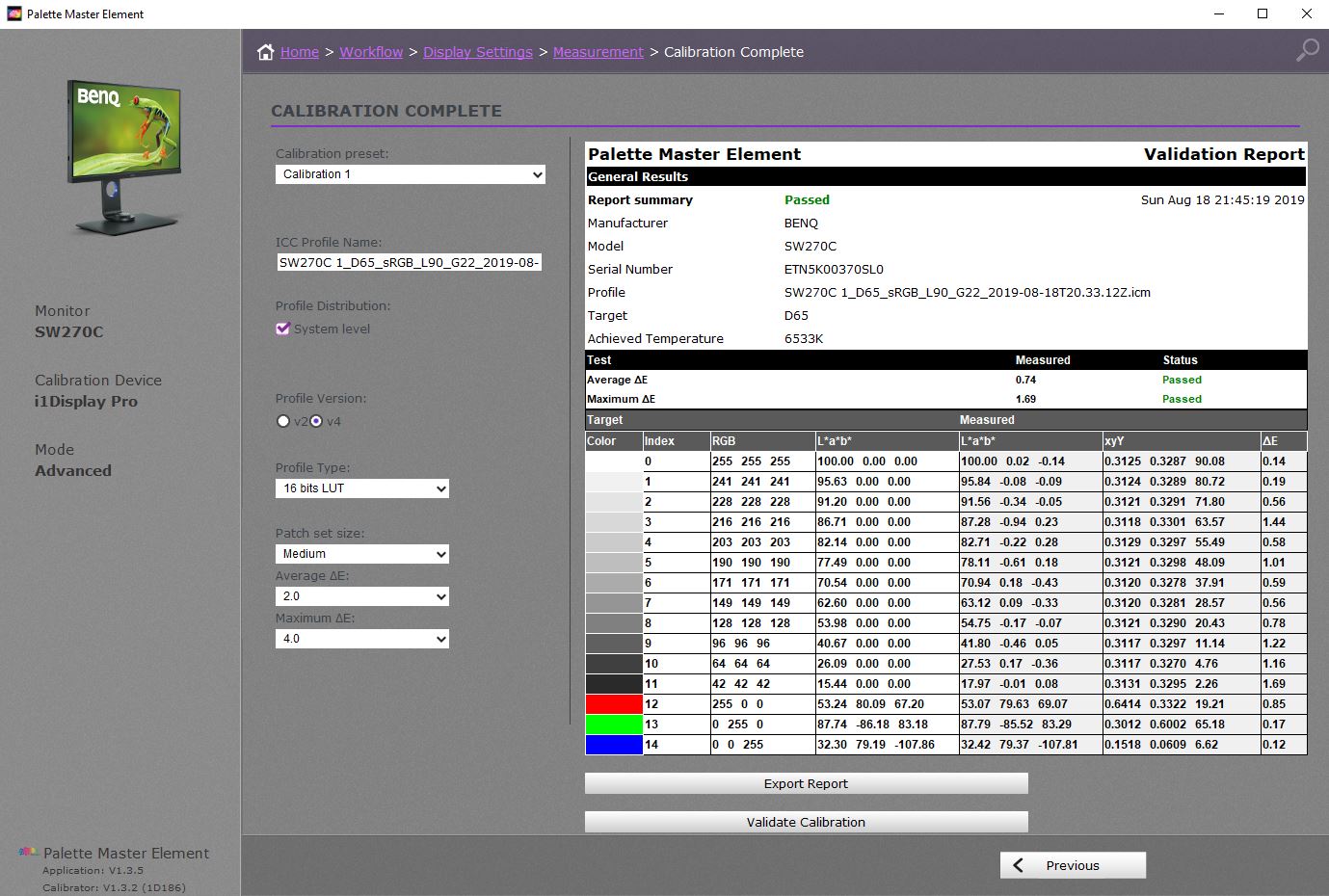 BenQ SW240C Calibration Validation through Palette Master Elements Software
