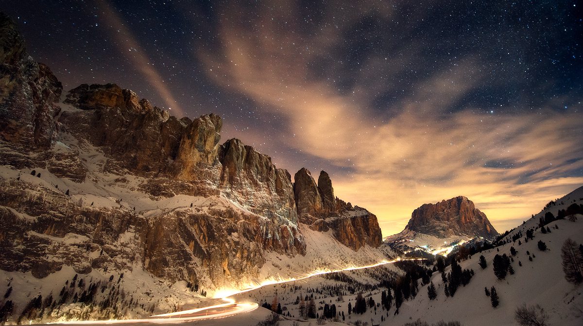 Nigh photography made in Passo Gardena, located in the Dolomites, Italy, shot by landscape photographer José Ramos